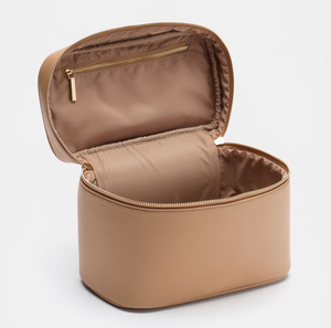 Leather Cosmetic Case <b>Medium</b> Size Zipper Closure Elegant Style Soft Handle Travel Makeup Bag <b>Brown</b> Color - Product Image 4