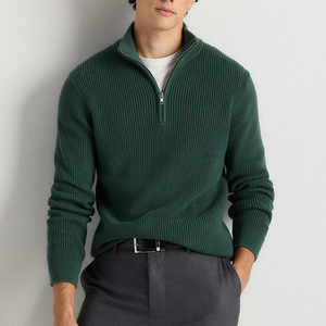 Pull à col montant en tricot côtelé gris foncé pour homme, col demi-zip, décontracté, pour l'hiver - Product Image 4