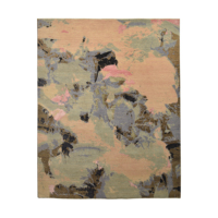Tapis persan noué à la main en laine, à poils ras, motifs abstraits pastel rose blush et bleu ardoise, style aquarelle moderne, luxe pour la maison, fin, pour salon