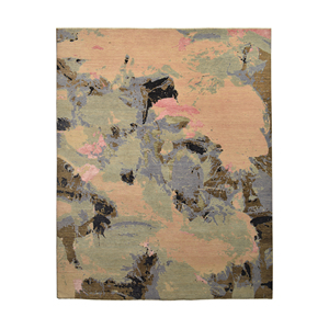 Tapis persan en laine noué à la main, à poils ras, abstrait pastel, rose blush, bleu ardoise, moderne, aquarelle, de luxe, pour salon - Product Image 1