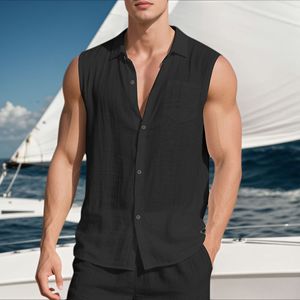 <b>Mens</b> Cotton-polyester Sleeveless <b>Shirt</b> Casual Button Down Collar European American Summer <b>Beach</b> Top ODM - Product Image 3