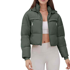 Veste matelassée à capuche pour femme, manteau d'hiver court avec poches zippées, vert uni, rembourrage en polyester épais, manches longues - Product Image 1