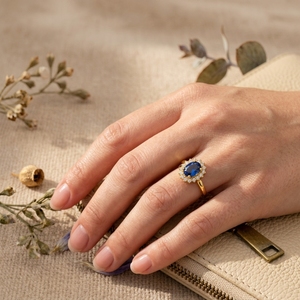 Anillo de compromiso de lujo con halo de zafiro azul ovalado, oro de 14 quilates, diamantes, estilo vintage, anillo nupcial para mujer - Product Image 6