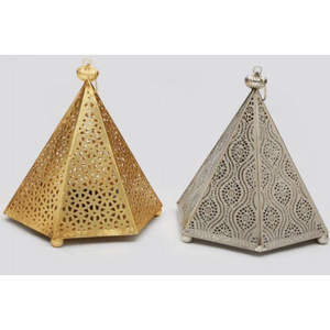 Ensemble de lanternes pyramidales marocaines en métal, faites à la main, avec gravures complexes, porte-bougies chauffe-plat, pour décoration de Ramadan et de mariage, à suspendre, or antique - Product Image 1