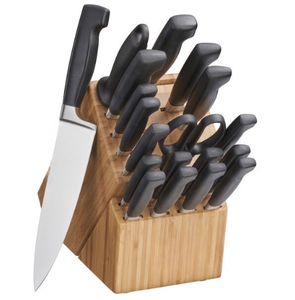 Kitchen <b>Knives</b> <b>Set</b> with Black Handles Silver Blades Light Brown Wood Storage Block and Scissors for Home Slicing and Chopping - Product Image 1