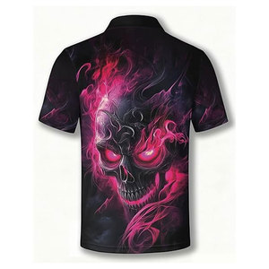 Polo de bowling noir avec motif crâne et drapeau américain, manches courtes, tissu performant, tenue décontractée athlétique pour équipe - Product Image 2
