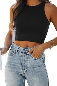 Débardeur court tricoté sans manches pour femme, couleur unie, col rond, décontracté, printemps-été, coupe élastique, longueur normale - Product Image 3