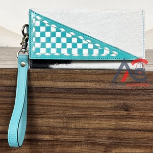 Premium Quality Luxury Turquoise & White Checkered Hair on Genuine Leather Women Clutch Card & Cash Holder Daily Use <b>Wallet</b> - Product Image 1