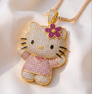 Colgante de Moissanita Estilo Hip Hop, Chapado en Oro, con Diseño de Gatito de Dibujos Animados, Microincrustaciones Rosas y Blancas, para Mujer - Product Image 4