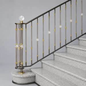 Barandilla de escalera con detalles de cristal, collares dorados, balaustres plateados y pasamanos oscuros para escaleras interiores de lujo - Product Image 3