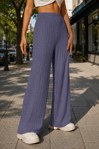 Pantalon tricoté taille haute pour femme, coupe large, couleur unie, ample, longueur complète, taille élastique, anti-plis, idéal bureau et décontracté, été - Product Image 2