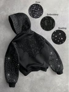 Sudadera con Capucha de Hombre Estilo Urbano con Pedrería y Estampado de Estrellas Brillantes, Ajuste Holgado, Casual, para Otoño e Invierno - Product Image 4