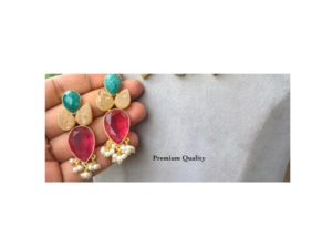 Stylish Stones Look Jewelry <b>Sets</b> For Women With Pearl Look Necklace <b>Earrings</b> <b>Gold</b> Plated Stone Ethnic Wedding Party Wear - Product Image 2