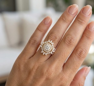Vintage Art Deco Sunburst Lab Grown <b>Diamond</b> Engagement <b>Ring</b> Solid 14K Gold Double Halo Floral Design Elegant Jewelry For Women - Product Image 2