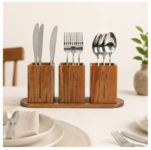 Handcrafted 3-Compartment Wooden Cutlery Holder Eco-Friendly Rustic Silverware <b>Caddy</b> & Utensil Organizer For <b>Kitchen</b> Countertop - Product Image 2
