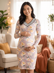 Vestido de Maternidad y Lactancia Bmama con Estampado Floral, Cierre Doble, Manga Larga, Largo hasta la Rodilla, Venta al Por Mayor OEM - Product Image 4