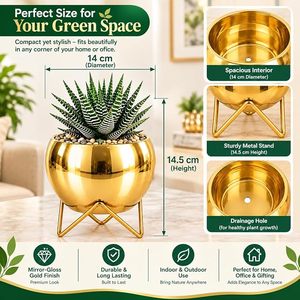 Modern Gold Metal Planter with Geometric Stand Chrome Plated Round <b>Pot</b> for Indoor <b>Succulents</b> - Product Image 3