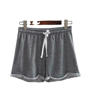 Shorts décontractés gris unis pour femmes, en coton respirant, coupe droite, taille mi-haute avec cordon élastique, effet vieilli - Product Image 1