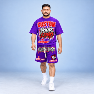 ชุดเสื้อยืดและกางเกงขาสั้นพิมพ์ลายตามสั่งสำหรับผู้ชาย ชุดสตรีทแวร์เข้าชุด ผู้ผลิต OEM รับผลิตโลโก้ตามสั่ง ขายส่ง OEM - Product Image 1