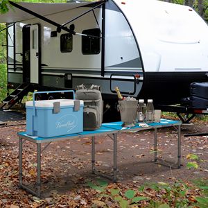Tavolo da Picnic Pieghevole in Alluminio Leggero da 2,4 m con Gambe Regolabili, Design Portatile per Camera da Letto, Palestra, Spiaggia, BBQ, Escursionismo, Viaggi - Blu e Bianco - Product Image 2