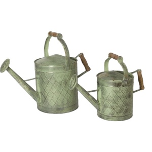 <b>Set</b> Of 2 Green Galvanized Metal Watering Cans With Wooden Handles <b>Garden</b> Plant Waterer For Indoor & Outdoor Use In Lowest Price - Product Image 1