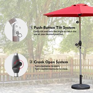 Parasol de terrasse 7,5 pieds avec manivelle inclinable à bouton-poussoir, protection UV, imperméable, pour marché extérieur, avec base - Product Image 4