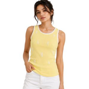 Camiseta sin mangas acanalada para mujer, amarillo limón y blanco, bordada, informal, de verano, de algodón elástico, ajustada, personalizada, OEM. - Product Image 1