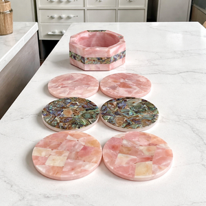 Juego de posavasos de ónix rosa de lujo con soporte, posavasos de piedra natural hechos a mano, posavasos de mármol para té y café, decoración de mesa - Product Image 1