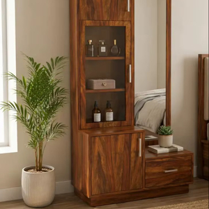 Modern Wood Wardrobe <b>Vanity</b> | Honey Finish Dresser with Mirror & Multi-Storage | Pindel Handicraft Export - Product Image 1