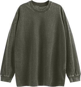 <b>Men's</b> Oversized Acid Wash Crew Neck Long Sleeve Sweatshirt Vintage Olive Green Pullover customize sweatshirts for brand - Product Image 1