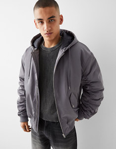 Chaqueta Bomber Negra para Hombre, Color Sólido, Cierre de Cremallera, Cortavientos, Informal, Ropa de Invierno, Cuello Alto de Lona, Relleno de Poliéster - Product Image 4