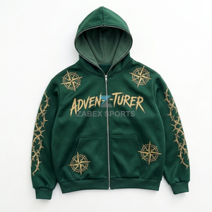 Sweat-shirt à capuche zippé vert pour homme, coupe classique, imprimé avec motif boussole et logo frontal motif épines - Product Image 1