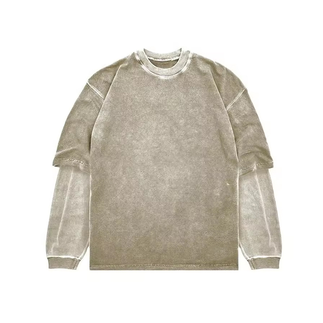 Casual Streetwear Double Sleeve Acid Wash T-Shirt for Men with Comfortable Fit and Vintage Fade Design