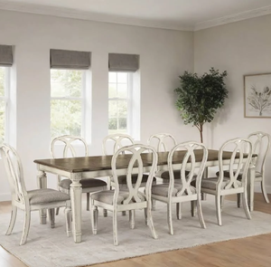 Juego de mesa de comedor vintage europeo blanco con acabado envejecido y sillas tapizadas con respaldo ovalado, disponible a precios de mayorista. - Product Image 1