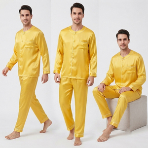 Men's Silk Satin 2-Piece Pajamas Set Custom Solid Yellow Breathable Eco-Friendly Long Sleeve Sleepwear with Chest Pocket - Product Image 1