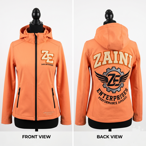 เสื้อแจ็คเก็ตซอฟต์เชลล์สำหรับผู้หญิงและผู้ชาย 300 GSM ผ้าโพลีเอสเตอร์กันน้ำแบบเชื่อมติด ฮู้ดสีส้ม ซิปเต็มตัว ปักโลโก้ - Product Image 1