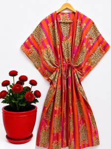 Vestido Maxi Kaftan de Algodón para Mujer, Estampado Floral Bohemio, para Playa, Manga Murciélago, Corte Regular, Ropa de Verano para Resort, Venta al por Mayor - Product Image 4