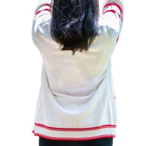 Cardigan pour femme en maille acrylique décontractée, col en V brodé sur mesure, double boutonnage, motif torsadé, rouge et blanc, modèle Delta DST - Product Image 4