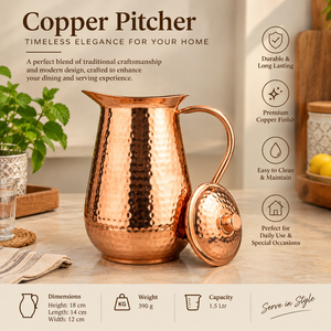 Grande carafe à eau en cuivre pur martelé avec couvercle, carafe de stockage ayurvédique traditionnelle, ustensile de cuisine, vaisselle - Product Image 5