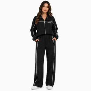 Veste zippée intégrale OEM pour femme, survêtement zippé avec passepoil contrastant, coupe décontractée, pantalon large, logo personnalisé, athleisure, vente en gros - Product Image 1