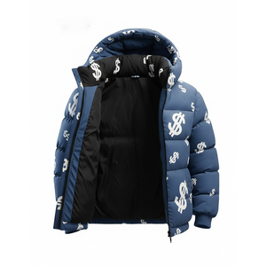 Blouson matelassé bleu à imprimé dollar pour homme, à capuche, streetwear d'hiver, coupe musculation, fermeture éclair, 300 grammes, imperméable, service OEM - Product Image 4