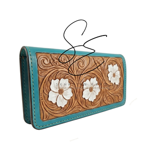 SEHRAINN Portefeuille long en cuir turquoise style cowgirl, orné de fleurs, pochette élégante pour femme, toutes saisons, usage quotidien, porte-cartes - Product Image 2