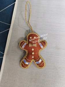 Handmade Gingerbread Man Embroidered Christmas <b>Ornament</b> with Sequin Detail Medium Size Hanging Decoration - Product Image 4