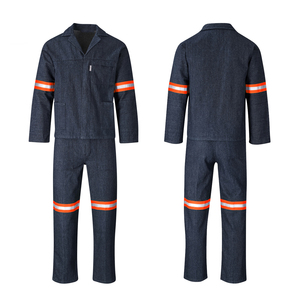 Men's Cotton Work Coverall Reflective Safety Uniform Dark Blue Long Sleeve with Orange Stripes for Construction and Industrial - Product Image 5