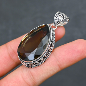 Magnifique pendentif en quartz fumé, pierre précieuse créée en laboratoire, en argent sterling 925, fait main, bijou statement, cadeau pour femme, très demandé - Product Image 4