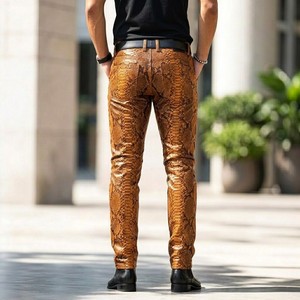 Pantalon en cuir léger pour homme, motif peau de serpent exotique, taille haute, coupe slim, respirant, décontracté - Product Image 3