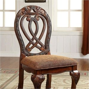 Maestoso tradizionale in legno massello ciliegio sedie da pranzo formali intricati dettagli intagliati con tessuto Set di 2 sedie laterali - Product Image 3