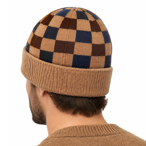 Bonnet en tricot à motif damier marron camel et bleu marine, chaud pour l'hiver, vente en gros - Product Image 3