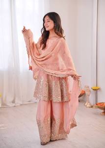Ensemble élégant pour femme en soie bicolore, 3 pièces, avec broderie miroir, travail de sequins, doublure en micro-coton et palazzo prêt-à-porter - Product Image 4