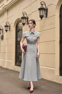 Falda Midi de Cintura Alta para Mujer, Corte en A, Color Gris Sólido, Botones al Frente, Estilo Elegante para Oficina, Tejido de Poliéster, MELA - Product Image 2